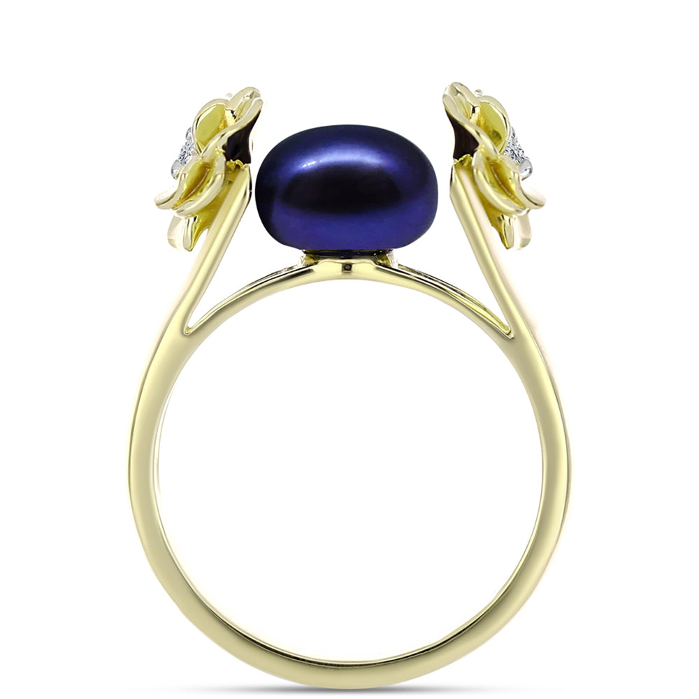 Anillo de Plata Bañada en Oro con Perla Negra de Agua dulce y Topacio Blanco 6 
