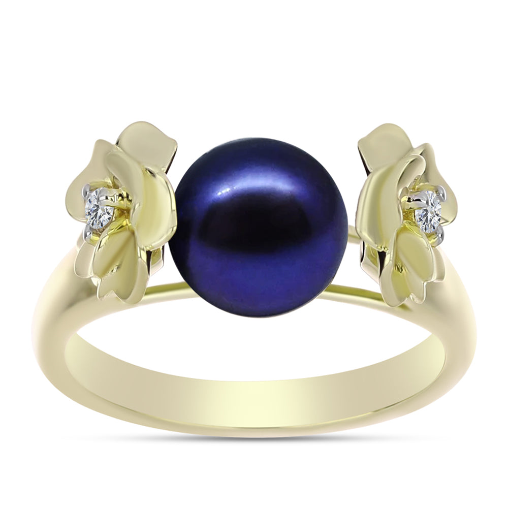 Anillo de Plata Bañada en Oro con Perla Negra de Agua dulce y Topacio Blanco 7 