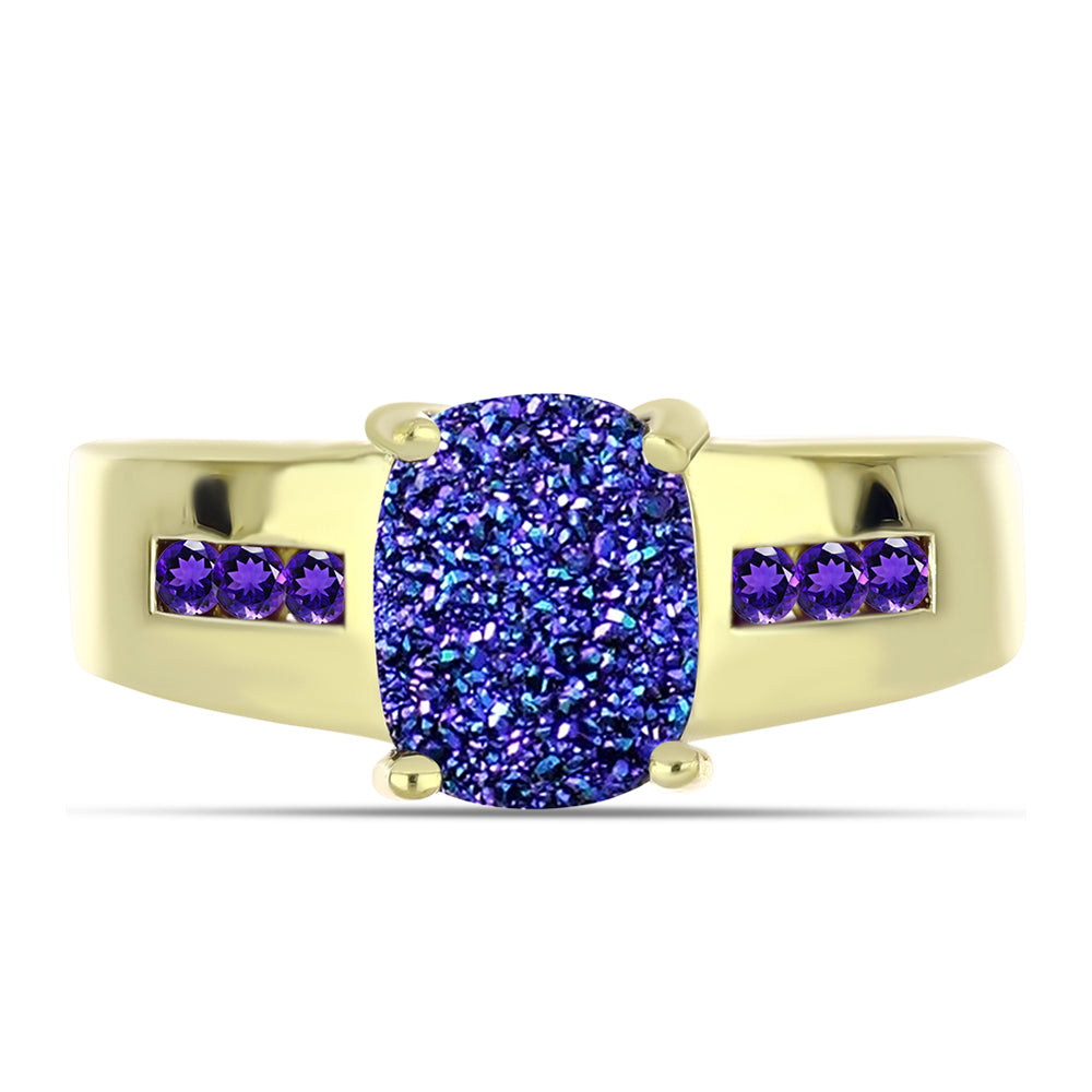 Anillo de Plata Bañada en Oro con Drusa Purpura y Amatista de Marruecos 1 