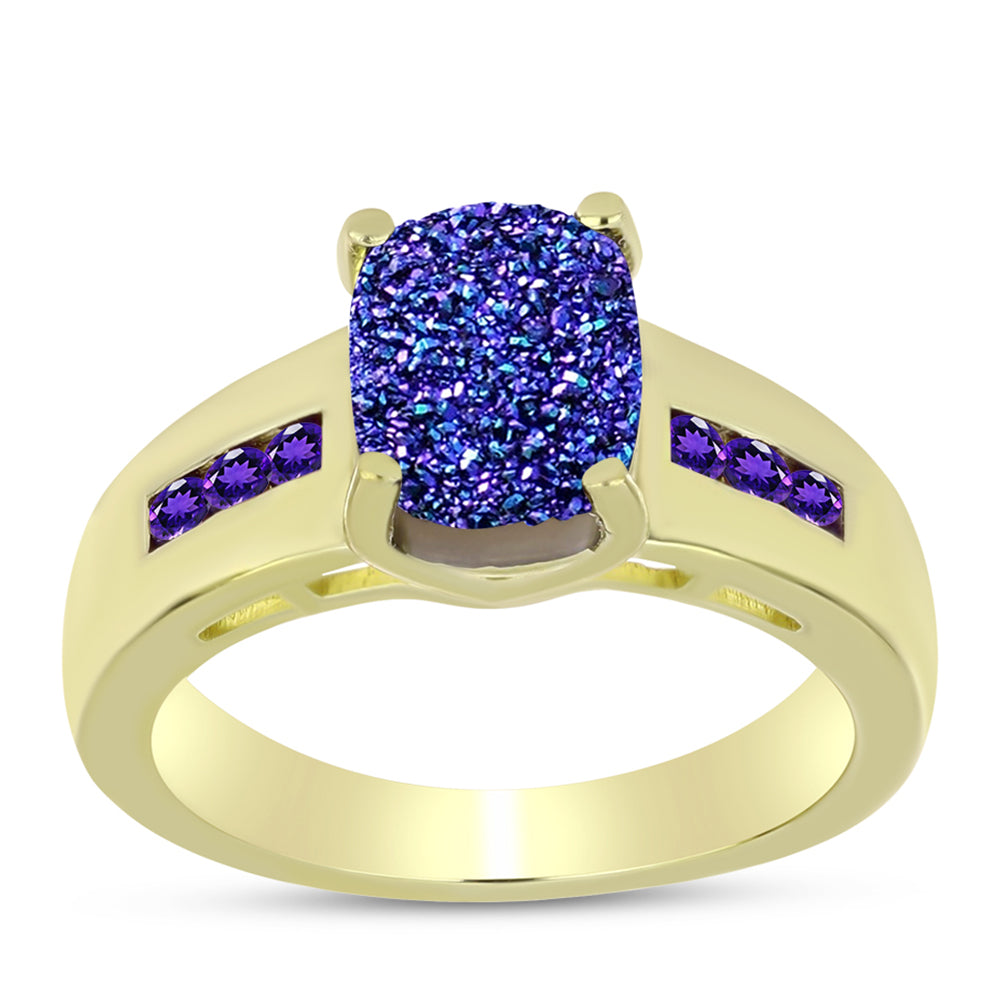 Anillo de Plata Bañada en Oro con Drusa Purpura y Amatista de Marruecos 7 