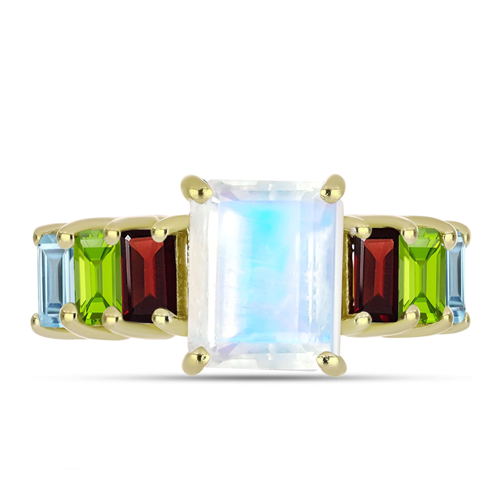 Anillo de Plata Bañada en Oro con Piedra Lunar Arco Iris y Granate Barton 5 