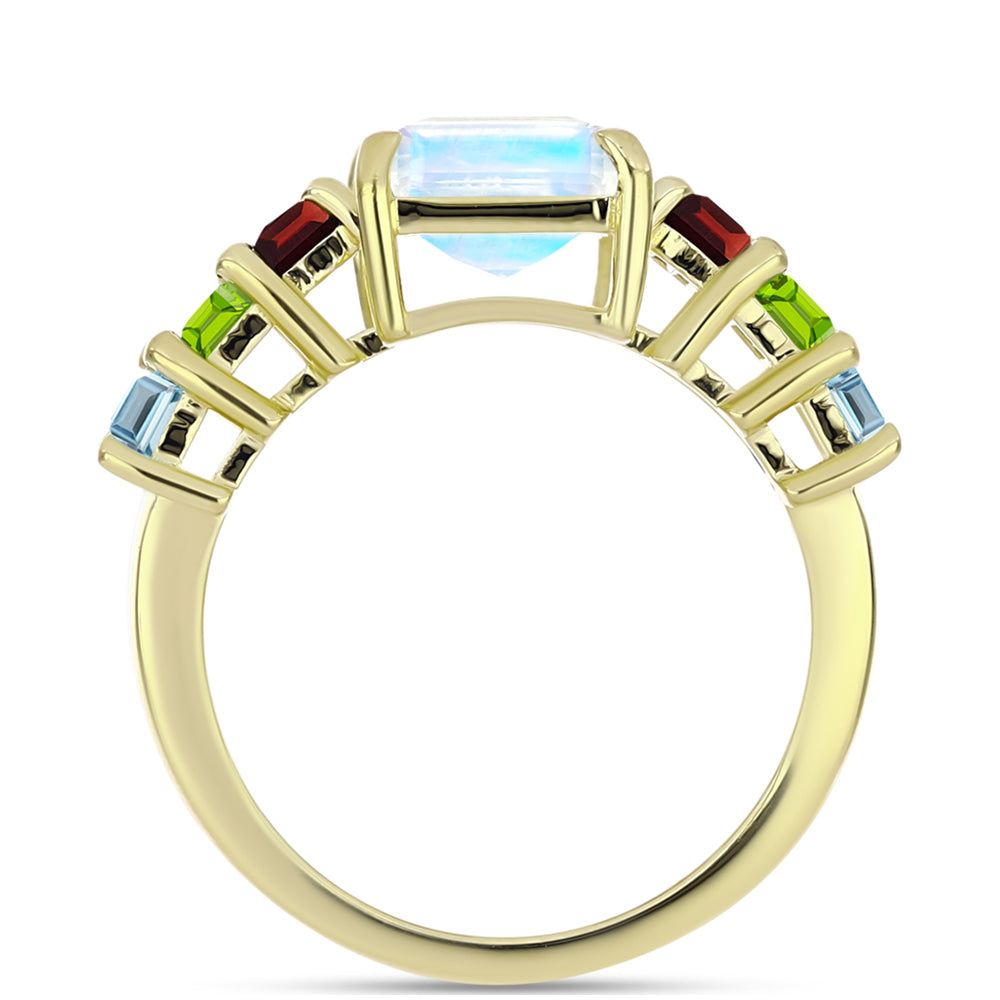 Anillo de Plata Bañada en Oro con Piedra Lunar Arco Iris y Granate Barton 2 