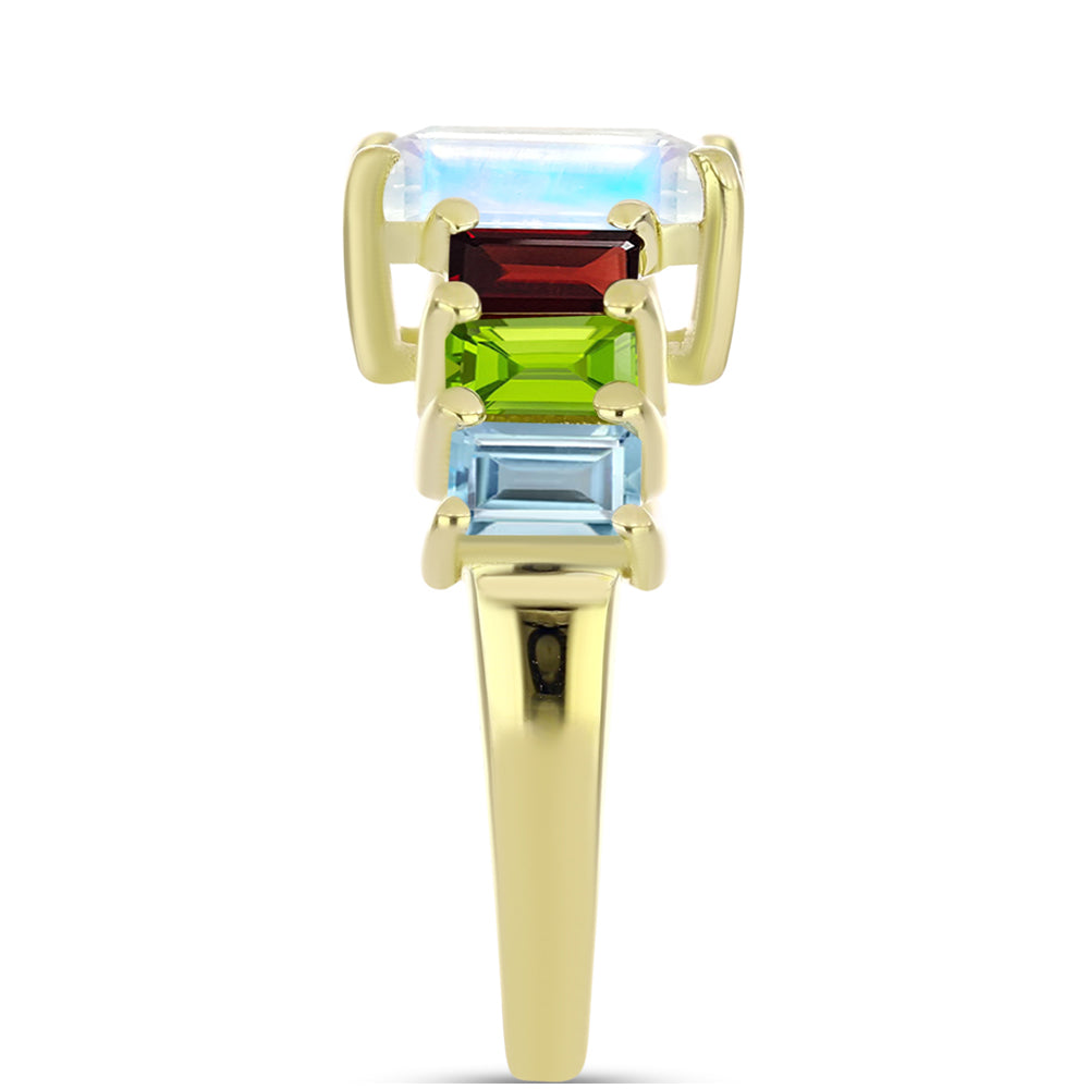 Anillo de Plata Bañada en Oro con Piedra Lunar Arco Iris y Granate Barton