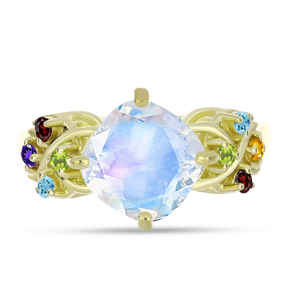 Anillo de Plata Bañada en Oro con Piedra Lunar Arco Iris y Amatista de Marruecos 1 
