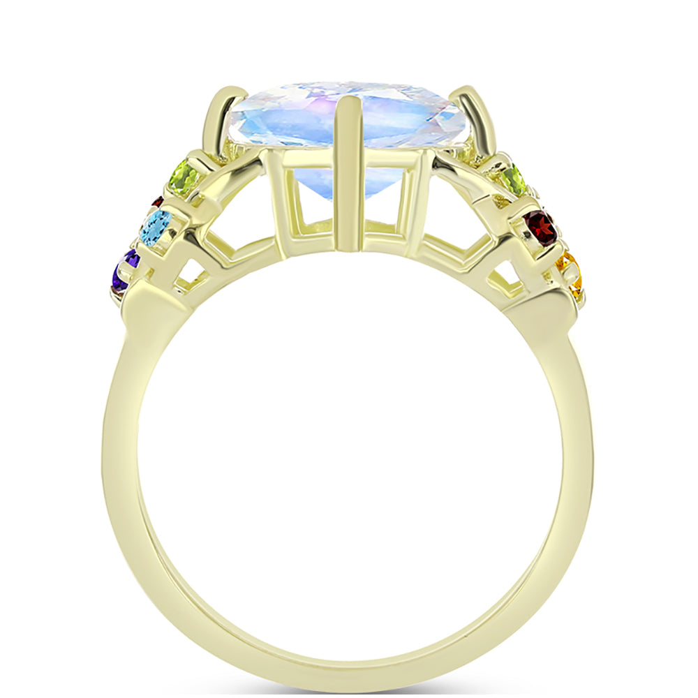 Anillo de Plata Bañada en Oro con Piedra Lunar Arco Iris y Amatista de Marruecos 2 
