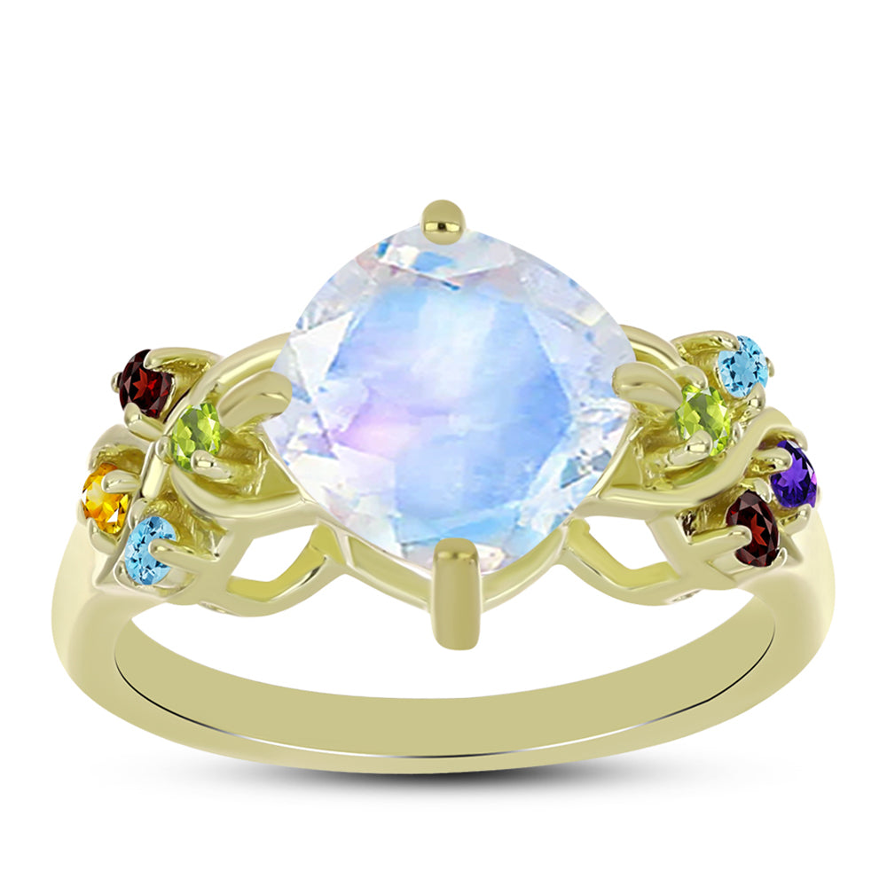 Anillo de Plata Bañada en Oro con Piedra Lunar Arco Iris y Amatista de Marruecos 7 