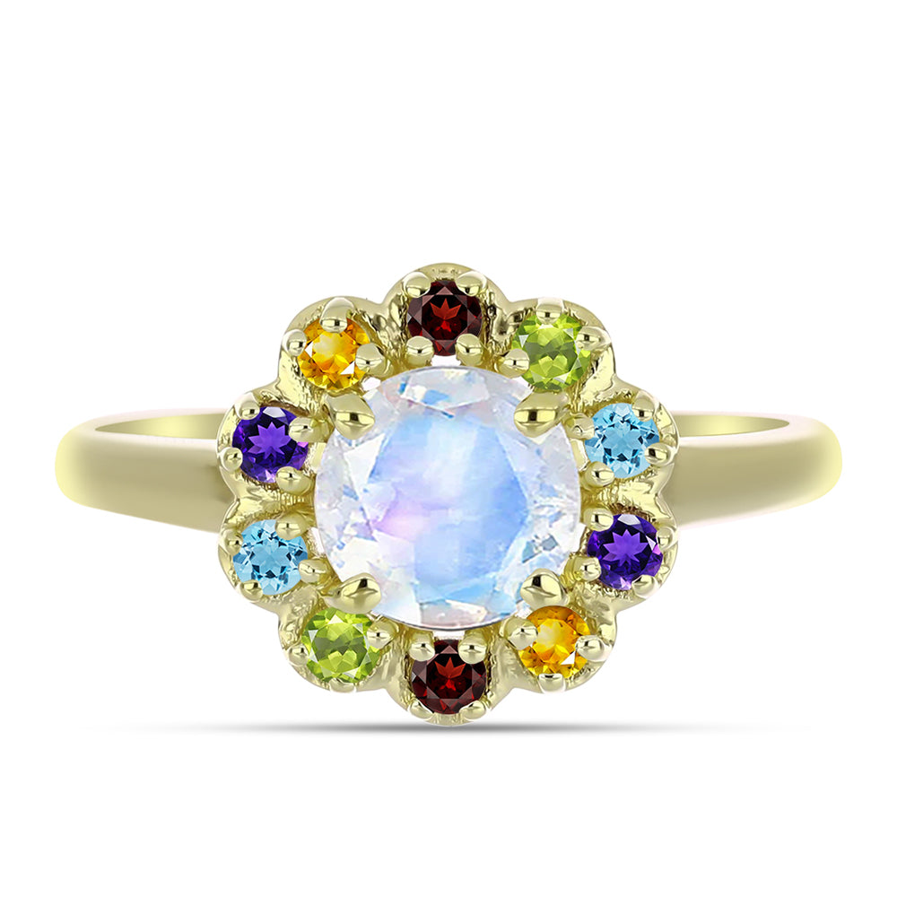 Anillo de Plata Bañada en Oro con Piedra Lunar Arco Iris y Amatista de Marruecos
