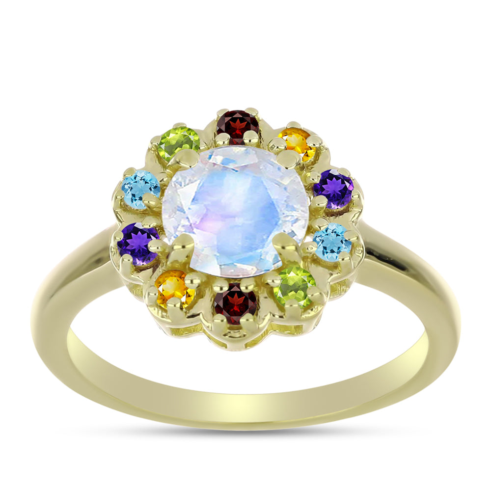 Anillo de Plata Bañada en Oro con Piedra Lunar Arco Iris y Amatista de Marruecos 2 