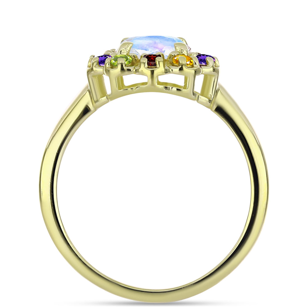 Anillo de Plata Bañada en Oro con Piedra Lunar Arco Iris y Amatista de Marruecos 3 