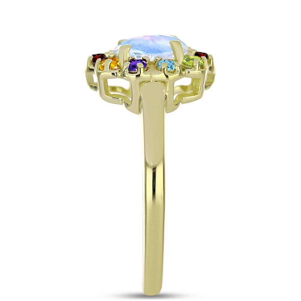 Anillo de Plata Bañada en Oro con Piedra Lunar Arco Iris y Amatista de Marruecos 8 