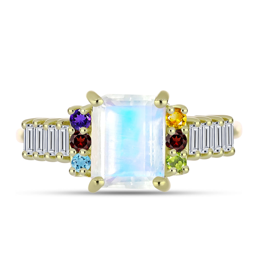 Anillo de Plata Bañada en Oro con Piedra Lunar Arco Iris y Amatista de Marruecos
