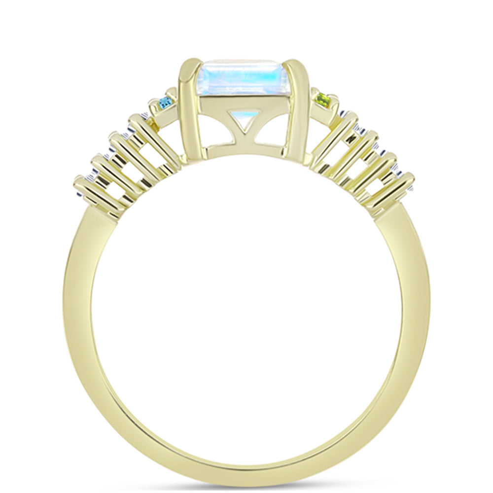 Anillo de Plata Bañada en Oro con Piedra Lunar Arco Iris y Amatista de Marruecos 2 