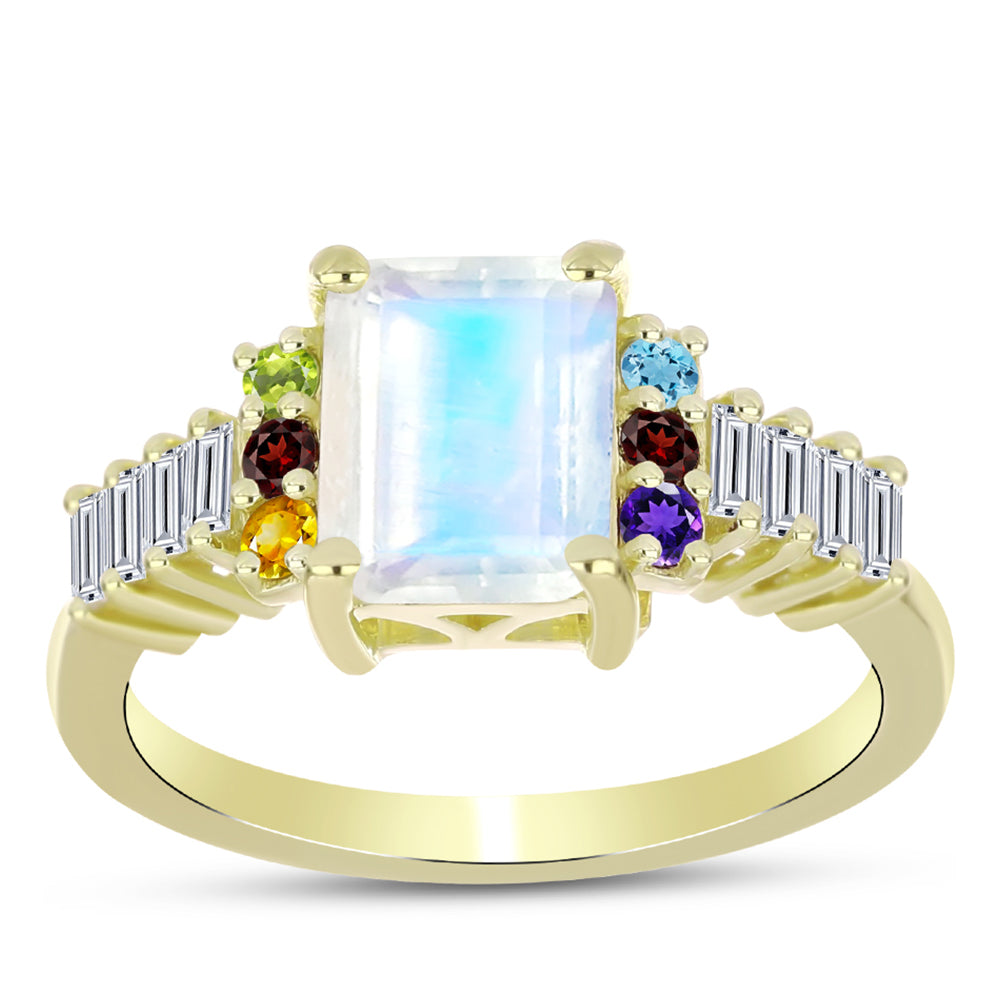 Anillo de Plata Bañada en Oro con Piedra Lunar Arco Iris y Amatista de Marruecos 3 