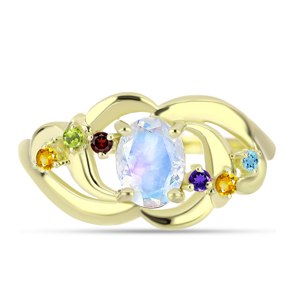 Anillo de Plata Bañada en Oro con Piedra Lunar Arco Iris y Amatista de Marruecos 1 