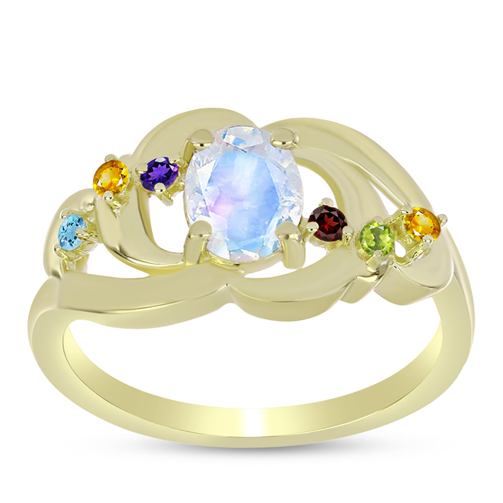 Anillo de Plata Bañada en Oro con Piedra Lunar Arco Iris y Amatista de Marruecos 7 