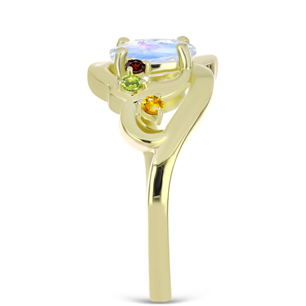 Anillo de Plata Bañada en Oro con Piedra Lunar Arco Iris y Amatista de Marruecos 4 