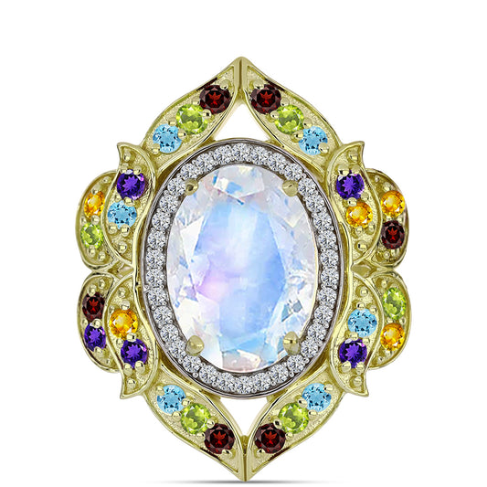 Anillo de Plata Bañada en Oro con Piedra Lunar Arco Iris y Amatista de Marruecos