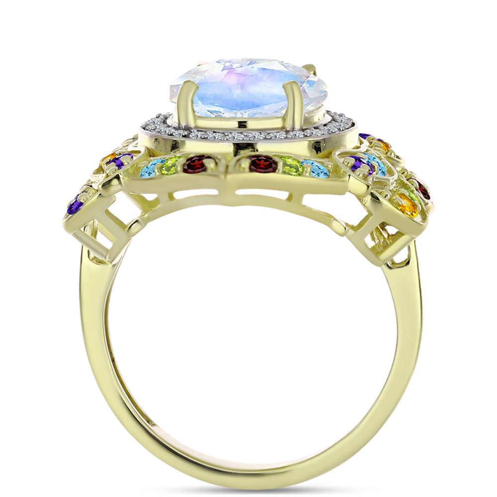 Anillo de Plata Bañada en Oro con Piedra Lunar Arco Iris y Amatista de Marruecos 2 