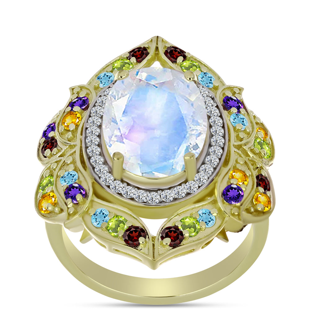 Anillo de Plata Bañada en Oro con Piedra Lunar Arco Iris y Amatista de Marruecos 7 