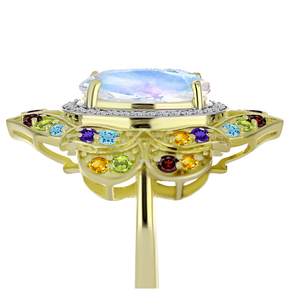 Anillo de Plata Bañada en Oro con Piedra Lunar Arco Iris y Amatista de Marruecos 12 