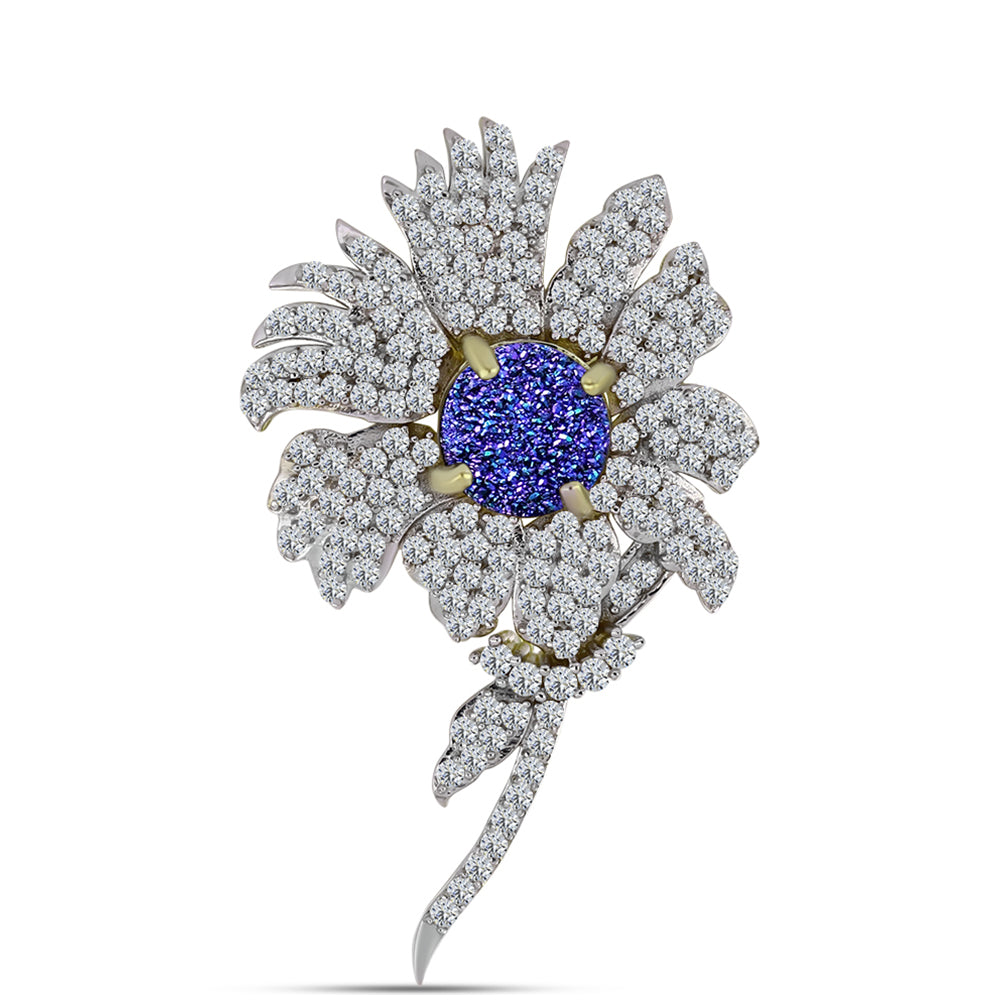Broche de Plata Bañada en Oro con Drusa Purpura y Topacio Blanco 5 