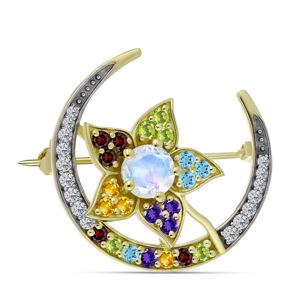 Broche de Plata Bañada en Oro con Piedra Lunar Arco Iris y Amatista de Marruecos 3 