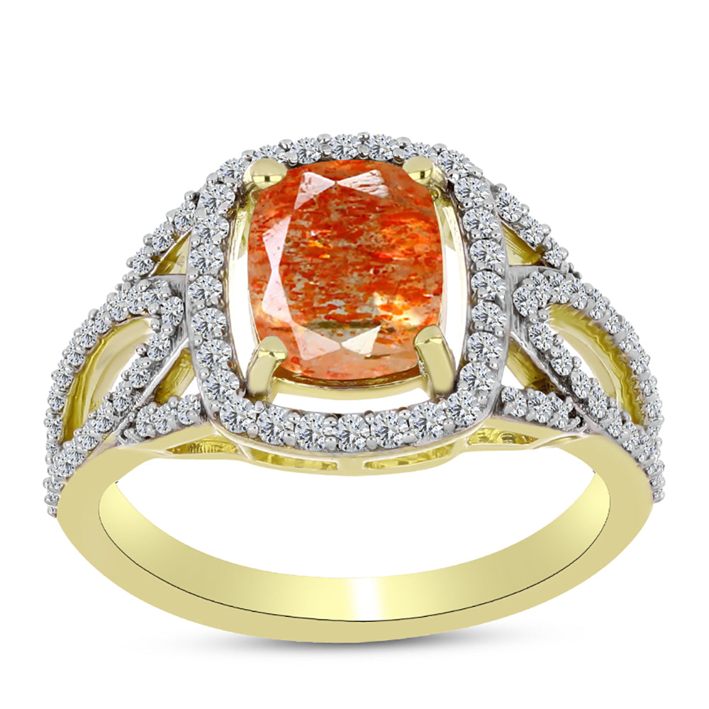 Anillo de Plata Bañada en Oro con Piedra Solar de Oregon y Topacio Blanco 3 