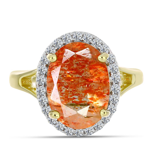Anillo de Plata Bañada en Oro con Piedra Solar de Oregon y Topacio Blanco