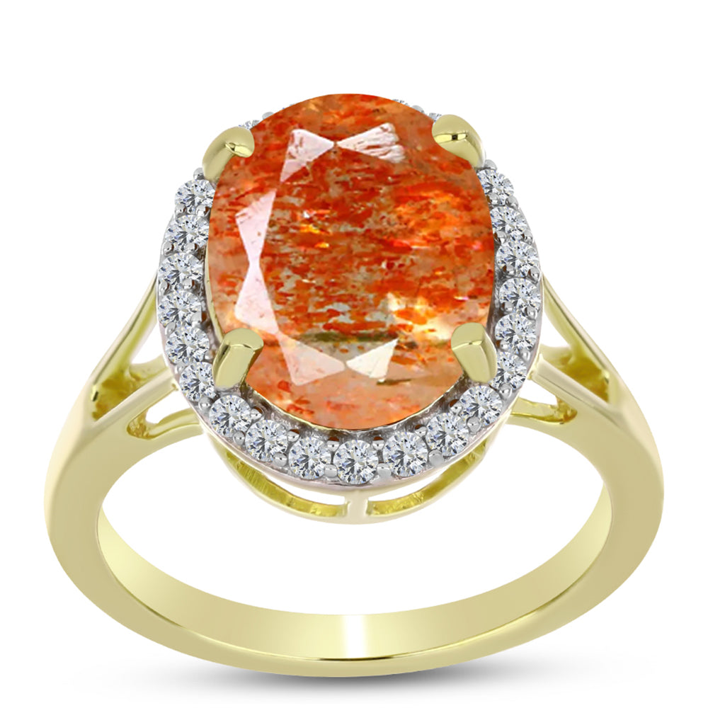 Anillo de Plata Bañada en Oro con Piedra Solar de Oregon y Topacio Blanco 3 