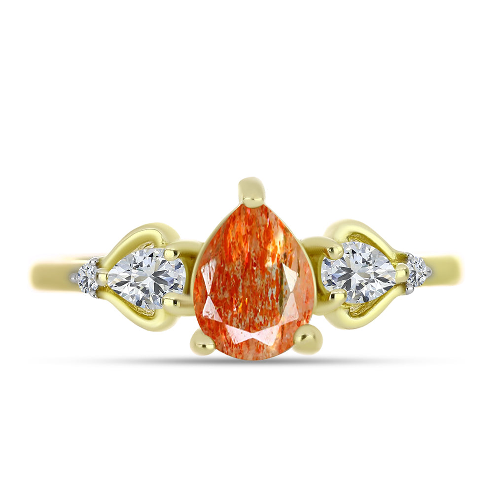 Anillo de Plata Bañada en Oro con Piedra Solar de Oregon y Topacio Blanco 1 