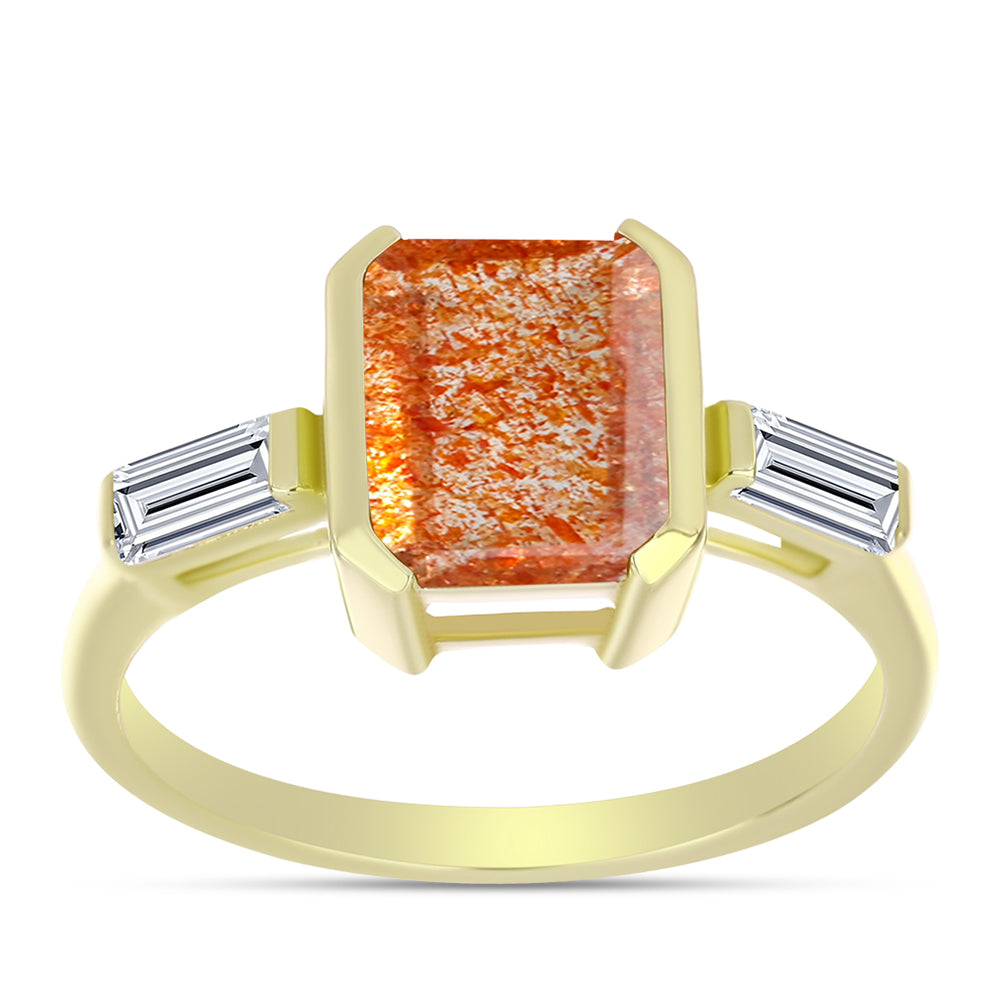 Anillo de Plata Bañada en Oro con Piedra Solar de Oregon y Topacio Blanco