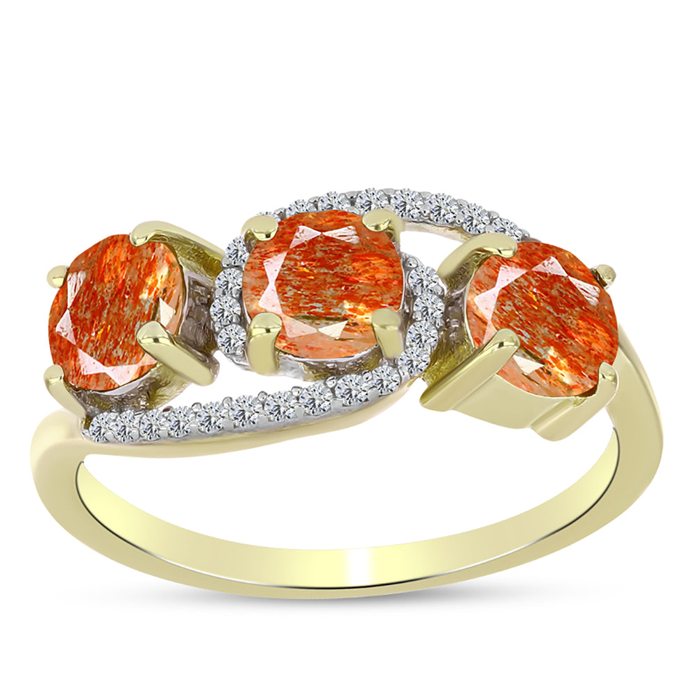 Anillo de Plata Bañada en Oro con Piedra Solar de Oregon y Topacio Blanco 3 