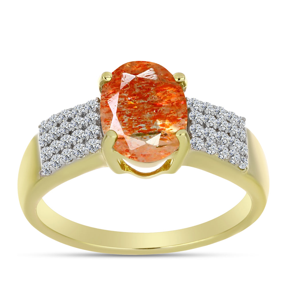 Anillo de Plata Bañada en Oro con Piedra Solar de Oregon y Topacio Blanco 3 