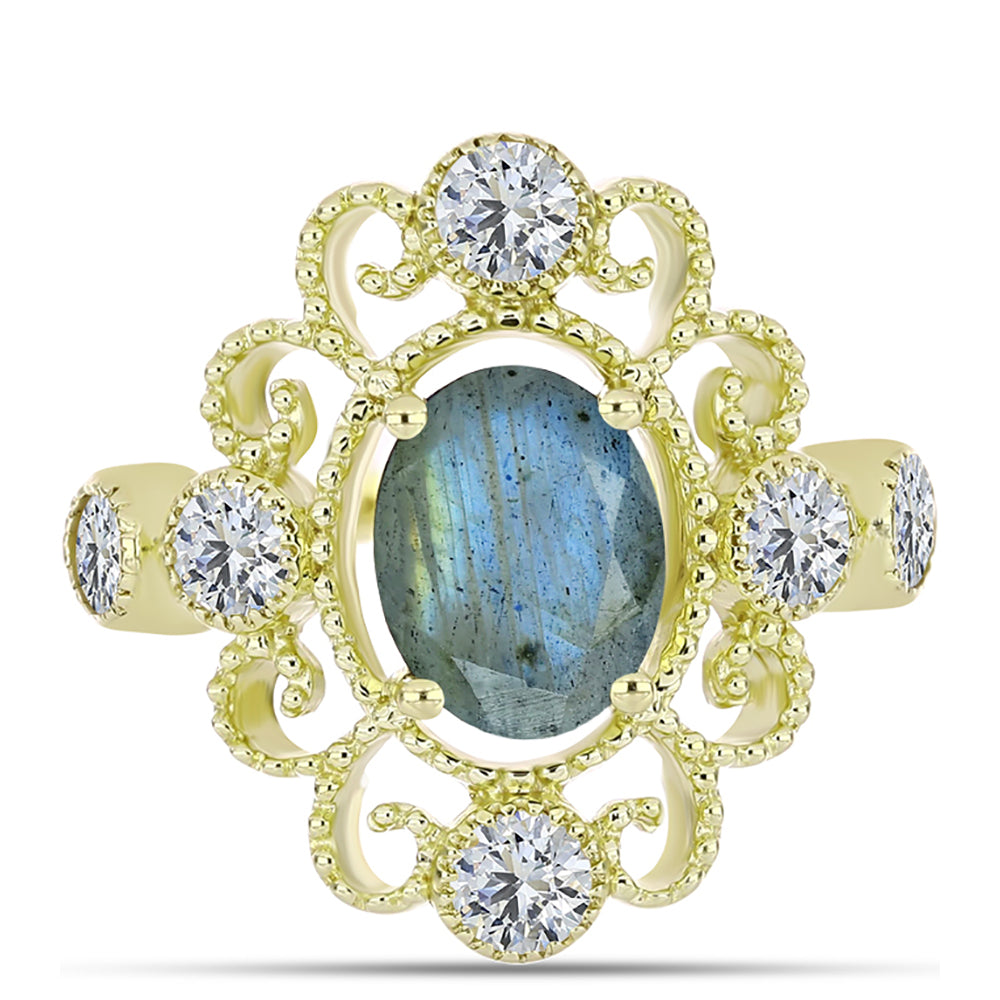 Anillo de Plata Bañada en Oro con Labradorita y Topacio Blanco 1 