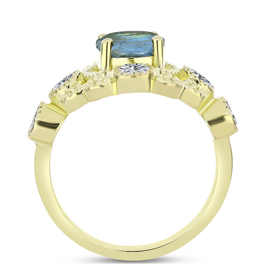 Anillo de Plata Bañada en Oro con Labradorita y Topacio Blanco