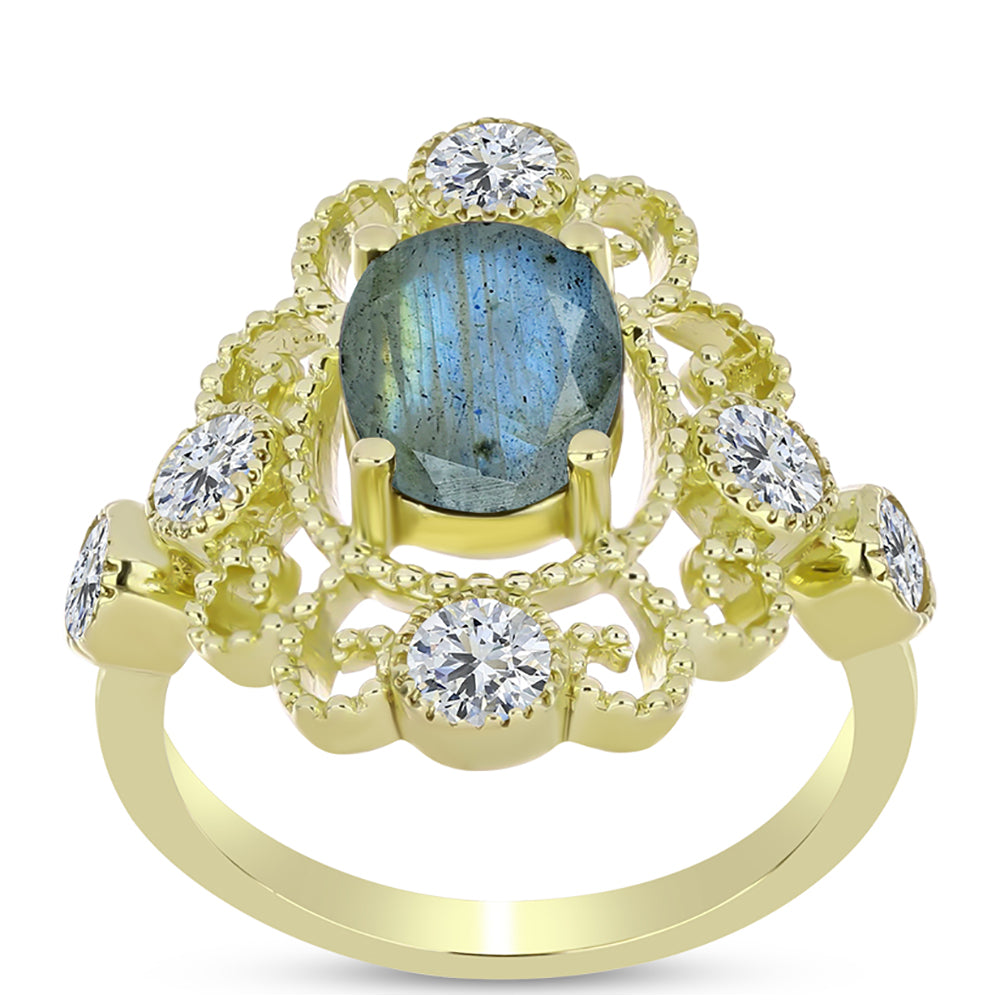 Anillo de Plata Bañada en Oro con Labradorita y Topacio Blanco