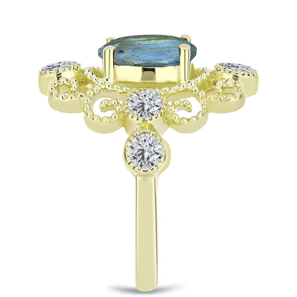 Anillo de Plata Bañada en Oro con Labradorita y Topacio Blanco