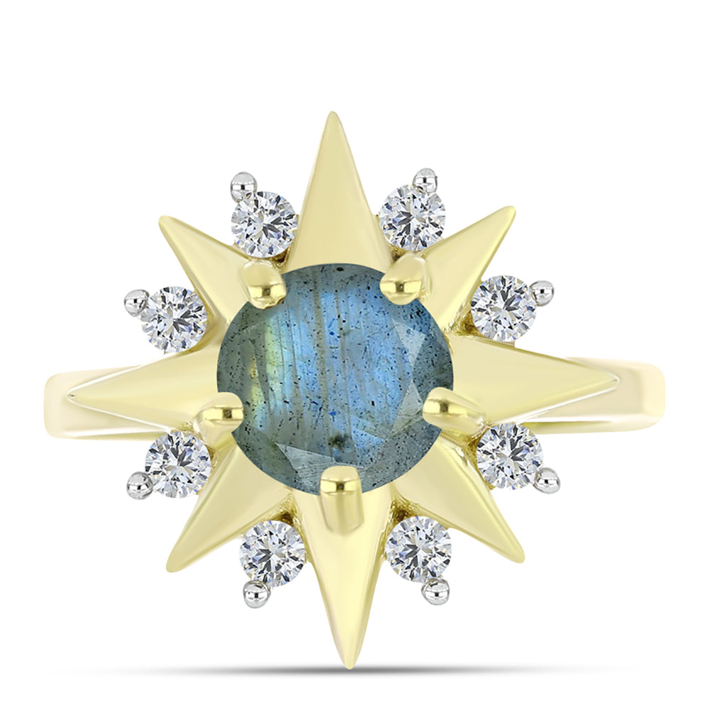 Anillo de Plata Bañada en Oro con Labradorita y Topacio Blanco