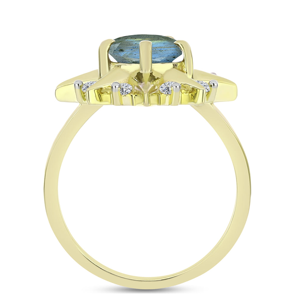 Anillo de Plata Bañada en Oro con Labradorita y Topacio Blanco