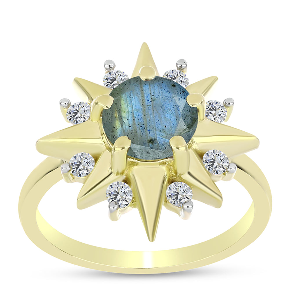 Anillo de Plata Bañada en Oro con Labradorita y Topacio Blanco 3 
