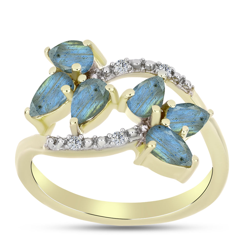 Anillo de Plata Bañada en Oro con Labradorita y Topacio Blanco