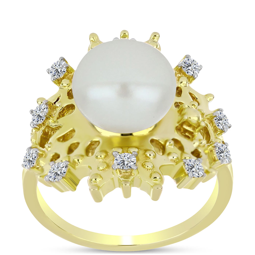 Anillo de Plata Bañada en Oro con Perla de Agua Dulce y Topacio Blanco