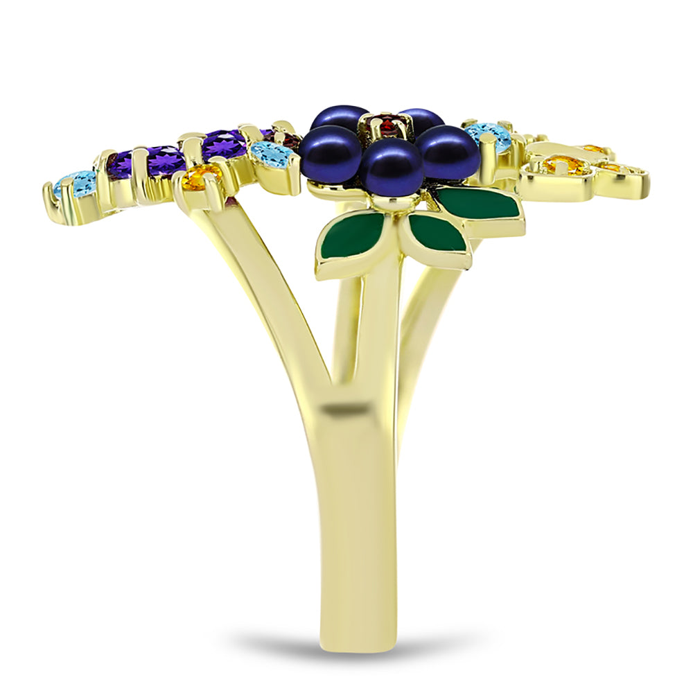 Anillo de Plata Bañada en Oro con Perla de río negra y Amatista de Marruecos