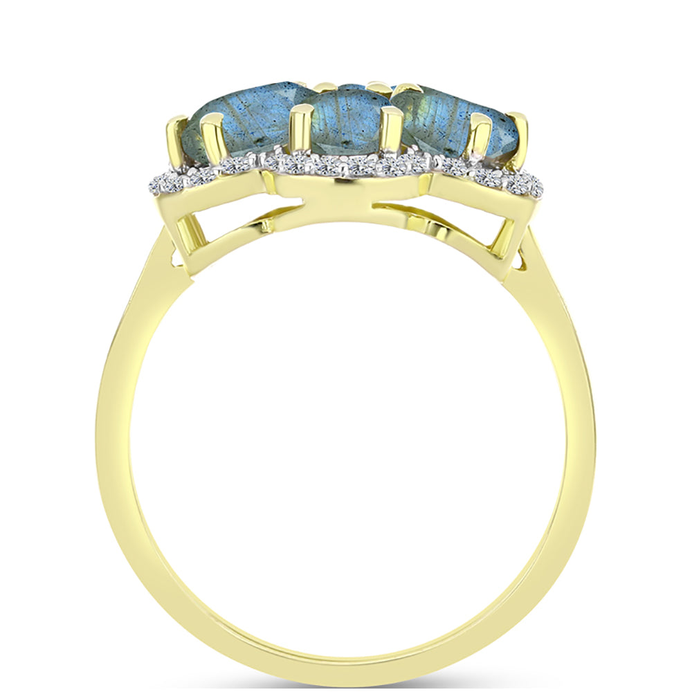 Anillo de Plata Bañada en Oro con Labradorita y Topacio Blanco