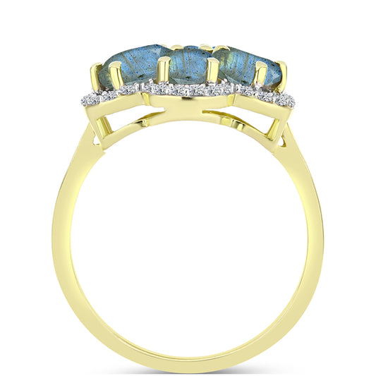 Anillo de Plata Bañada en Oro con Labradorita y Topacio Blanco