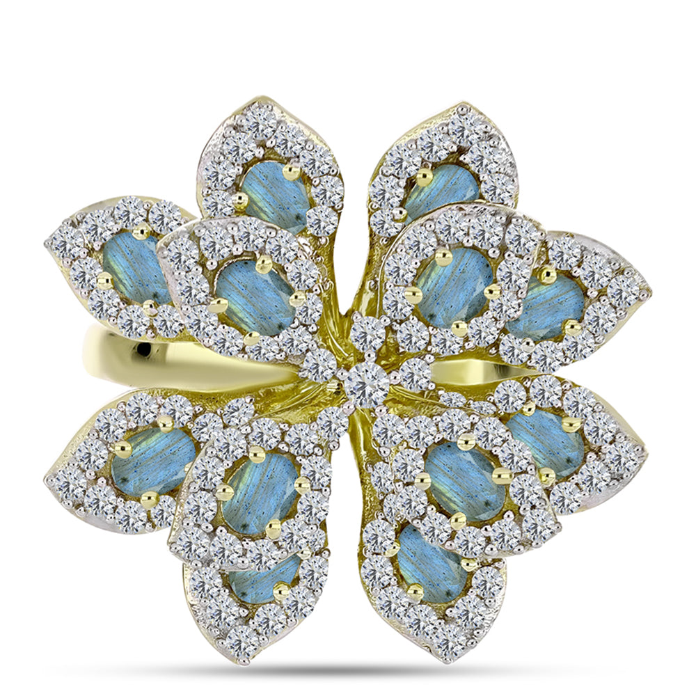 Anillo de Plata Bañada en Oro con Labradorita y Topacio Blanco 1 