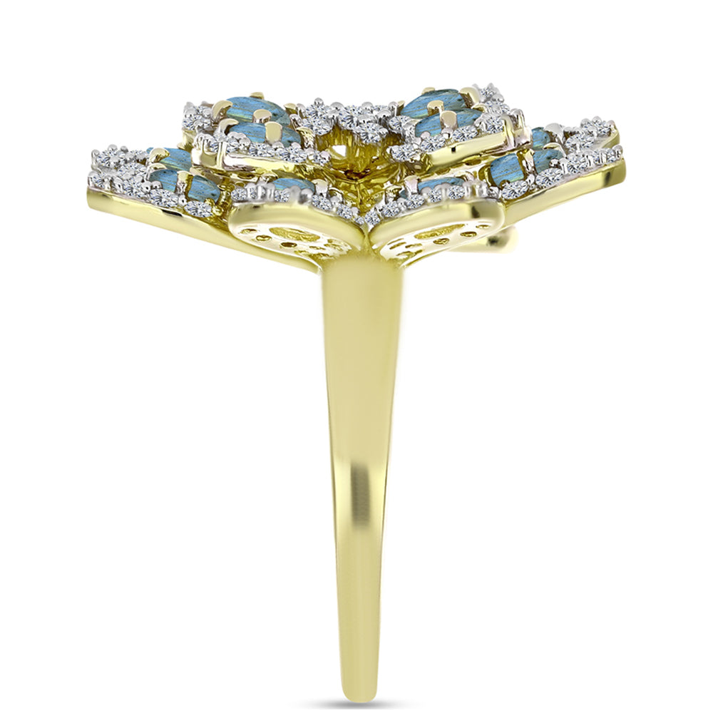 Anillo de Plata Bañada en Oro con Labradorita y Topacio Blanco 4 