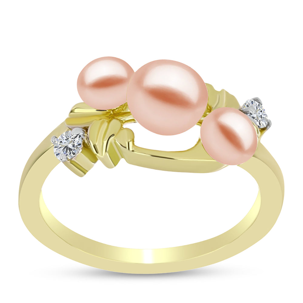 Anillo de Plata Bañada en Oro con Perla de agua dulce melocotón y Topacio Blanco