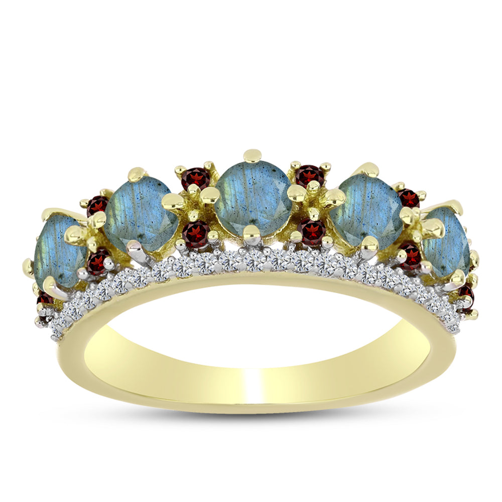 Anillo de Plata Bañada en Oro con Labradorita y Granate Barton 3 