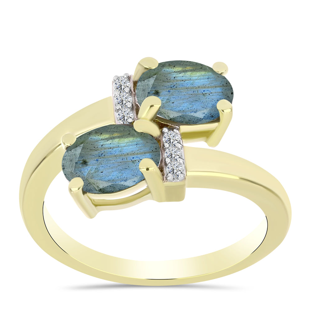 Anillo de Plata Bañada en Oro con Labradorita y Topacio Blanco 3 
